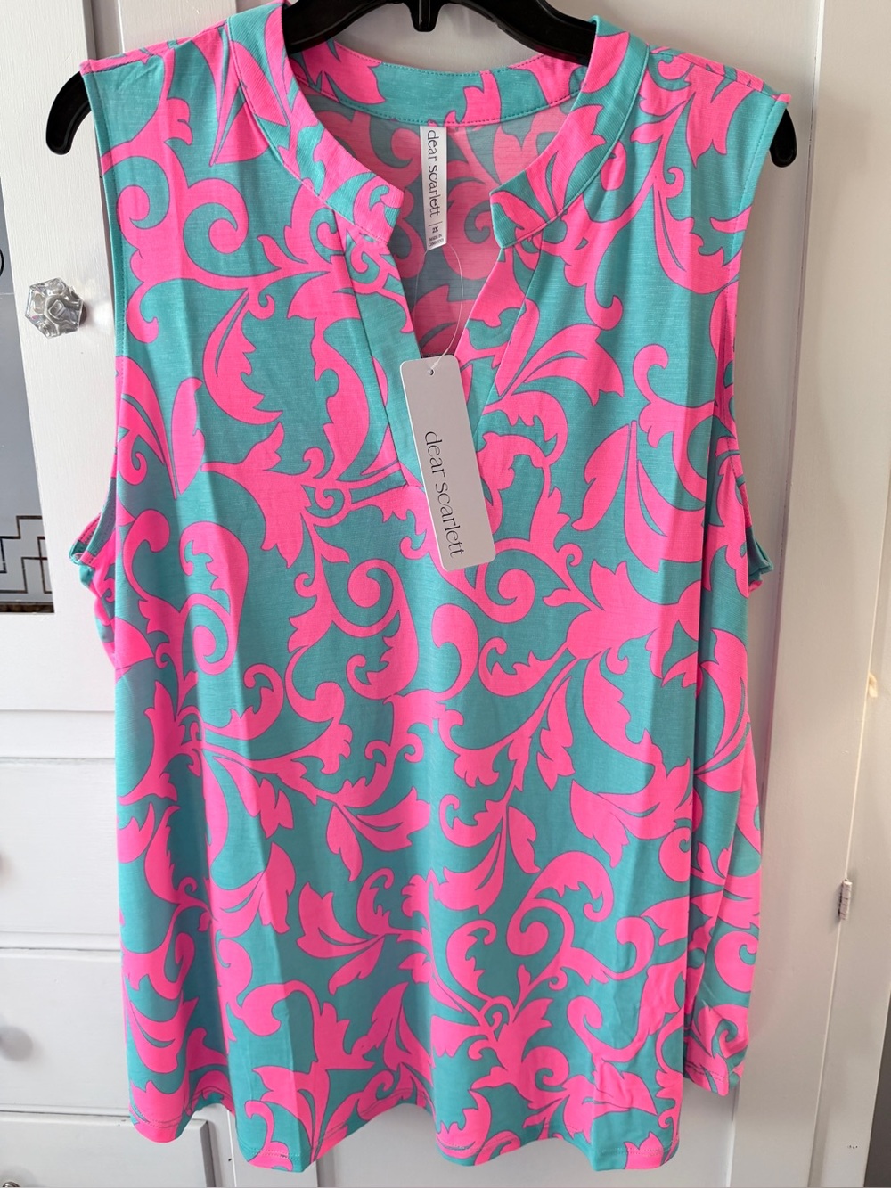 Dear Scarlett Sleeveless Tunic in Aqua with Pink Scroll Print